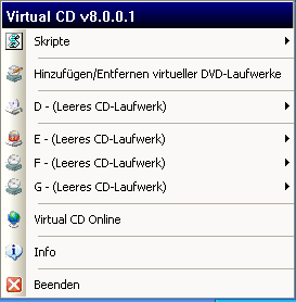 Virtual CD v8 Handbuch Virtuelle CDs Öffnet ein Untermenü, über das Programme gestartet werden können, um virtuelle CDs zu suchen (CD-Suche), bearbeiten (Editor), kopieren (Kopierassistent) oder