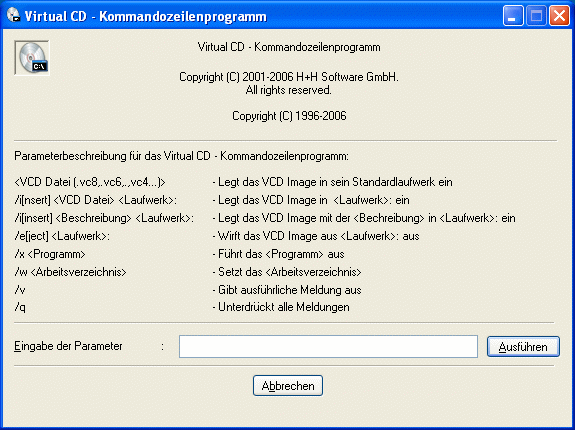Virtual CD Schritt für Schritt gramm. Der folgende Dialog beschreibt alle Parameter, wenn das Programm ohne Parameterangabe aufgerufen wird.