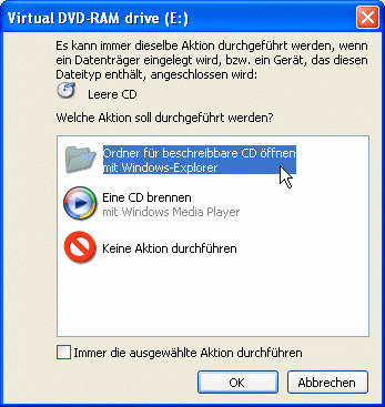 Nun öffnet sich ein weiteres Fenster des Windows Explorers mit dem virtuellen Brenner als Adresse, in das Sie per Drag & Drop beliebige Dateien hineinziehen können.