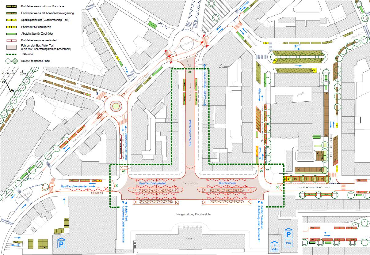 Ziele bei der Neugestaltung des Bahnhofplatzes / MOTORISIERTER INDIVIDUALVERKEHR Optimierung des Verkehrsflusses auf der Verbindungsachse Aarbergstrasse / Silbergasse.