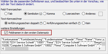 Auf der Seite 'Einstellungen' wählen Sie das Feld-Trennzeichen und den Text-Kennzeichner.