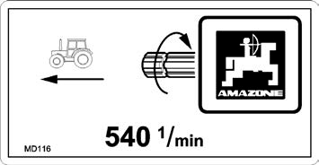 Allgemeine Sicherheitshinweise Bestell-Nummer und Erläuterung Warnbildzeichen MD116 Dieses Piktogramm kennzeichnet die erforderliche Antriebsdrehzahl (540 1/min) und Drehrichtung der