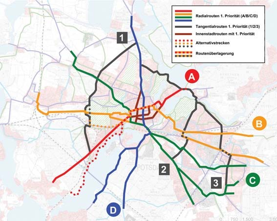 27 RV 1: Fertigstellung der Routen 1, B und D sowie teilweise der Route A und der Innenstadtroute, u. a. durch Markierung von Schutzstreifen (z. B. Jägerallee, Behlertstraße und Forststraße), Erneuerung der Mittelpromenade Schoppenhauer Straße/Hegelallee und Neuorganisation von Knotenpunkten (z.