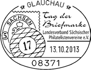 08371 GLAUCHAU - 13.10.2013 stempelnr.: 19/358 Tag der Briefmarke 2013 Hotel Wettiner Hof, Wettiner Str. 13, 08371 Glauchau Landesverband Sächsischer Briefmarkenvereine e.v., Peter Girlich, Spetlakstr.