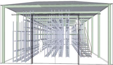Treppe, Laufgang und Übergabestelle Runddachhalle mit zweigeschossiger Regalanlage Zielsetzung Lagerfläche zur optimalen Unterbringung von ca.
