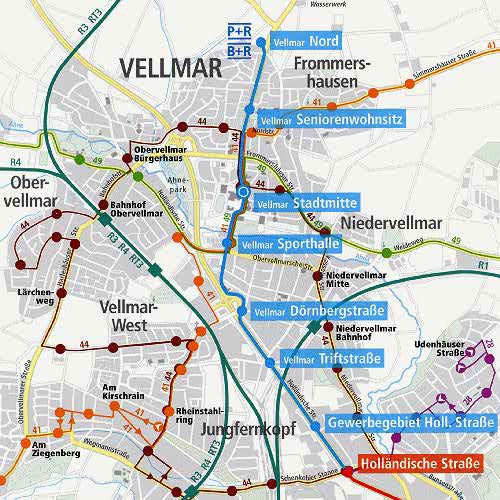 Beispiel 2: Verlängerung der Kasseler Straßenbahn nach Vellmar Neubaustrecke: 3,9 km, 8 neue Haltestellen Bauziel: Verbesserung der Städteverbindung u. der inneren Erschließung der Stadt Vellmar (ca.