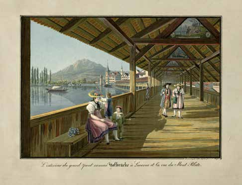 JOHANN JAKOB MEYER (Meilen 1787-1858 Zürich) 14 L Intérieur du grand pont nommé Hofbrücke à Lucerne et la vue du Mont Pilate. Dessiné d après nature et gravé par J. J. Meyer. Kol. Aqautinta. Um 1820.