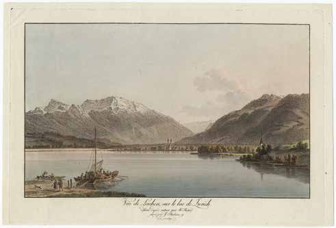 HEINRICH RIETER (Winterthur 1751-1818 Bern) 18 Vûe de Lachen, sur le lac de Zurich. Déssiné d après nature par H: Rieter, gravé par J:Biedermann avec privilège. 21,7:35,5 cm. Vgl.