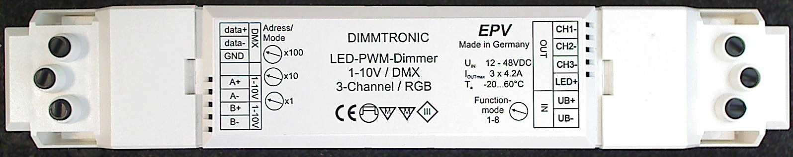 - - ~ ~ EPV DIMMTRONIC 3-Kanal LED PWM Dimmer 1-10V / DMX D Allgemein Der DIMMTRONIC LED PWM Dimmer setzt analoge und/oder digitale Eingangssignale in drei pulsweiten modulierte (PWM) Ausgangssignale