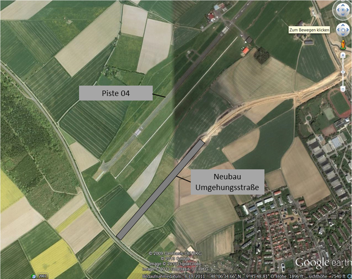 Umgehungsstraße in der Nähe des Flugplatzes Google Earth TM -Kartenservice, BFU Beurteilung Das Luftfahrzeug war ordnungsgemäß zum Verkehr nach Sichtflugregeln zugelassen und nachgeprüft.
