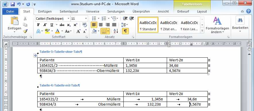 Tabulatoren in einer Tabelle Achtung! Das Schaffen einer zweiten Tabellenzelle an sich wird von Word schon als Tab verbucht.