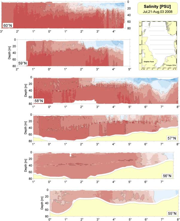 Abbildung 3: Salzgehalte (Vertikalprofile) in der Nordsee, aufgenommen