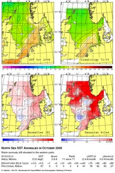 MURSYS - Wasseroberflächentemperaturen (SST Monatsmittel) Bundesamt für Seeschifffahrt und Hydrographie, Hamburg Rostock: "North Sea SST Anomalies in October 2008" (M 5402) Mittlere