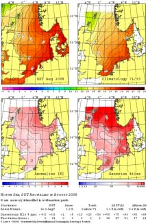 MURSYS - Wasseroberflächentemperaturen (SST Monatsmittel) Bundesamt für Seeschifffahrt und Hydrographie, Hamburg Rostock: "North Sea SST Anomalies in August 2008" (M 5402) Mittlere