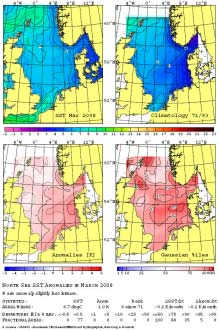 MURSYS - Wasseroberflächentemperaturen (SST Monatsmittel) Bundesamt für Seeschifffahrt und Hydrographie, Hamburg Rostock: "North Sea SST Anomalies in March 2008" (M 5402) Mittlere