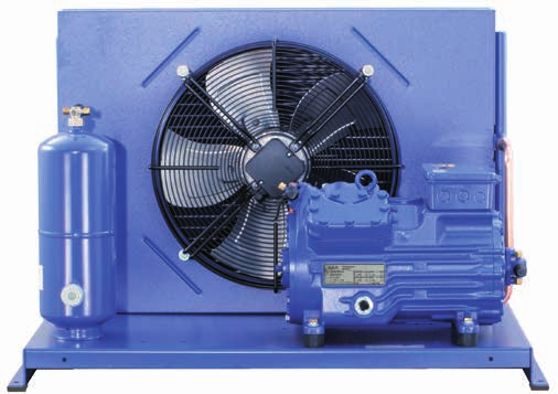 Verflüssigungssätze luftgekühlt -stufig Lieferumfang Lieferumfang Halbhermetischer GEA Bock Verdichter HG mit Sauggaskühlung oder HA mit Luftkühlung (Tiefkühlung R, R404A) Verflüssiger mit