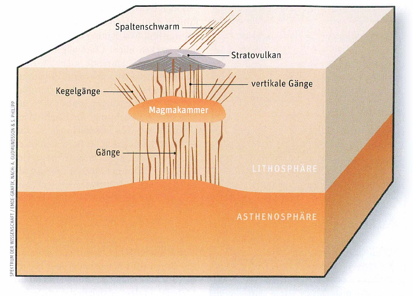 Magma chambers, dikes, and volcanoes