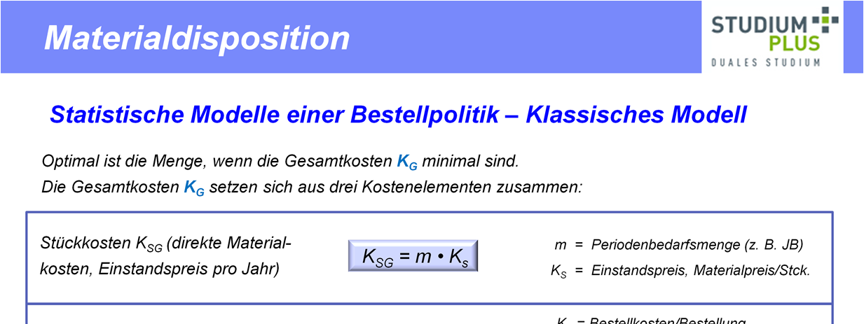 Bei der Bestimmung der Menge, die zu dem ermittelten Bestellzeitpunkt geordert wird, geht es darum, die Bestellmenge zu finden, die die geringsten Kosten verursacht.