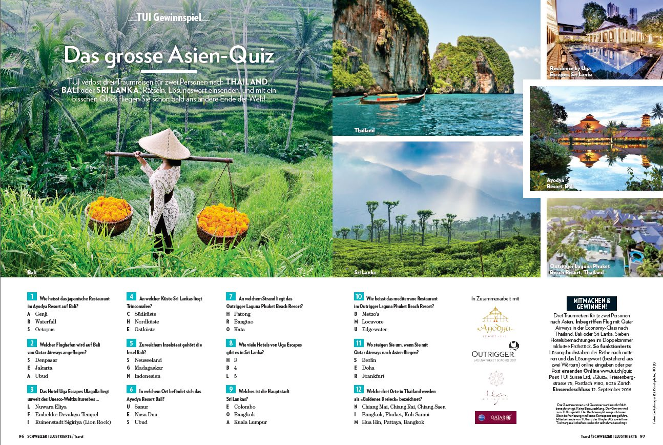 Destinationsquiz im Magazin Sehr beliebtes Ferien Quiz im «Travel mit TUI» mit ca. 4 000 Teilnehmern. Doppelseite mit 10 14 Fragen.