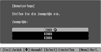 Konfigurationsmenüfunktionen Benutzerlogo Ein Logo kann aufgezeichnet werden, das beim Beginn der Projektion und bei aktivierter Bild- und Tonabschaltung angezeigt wird.