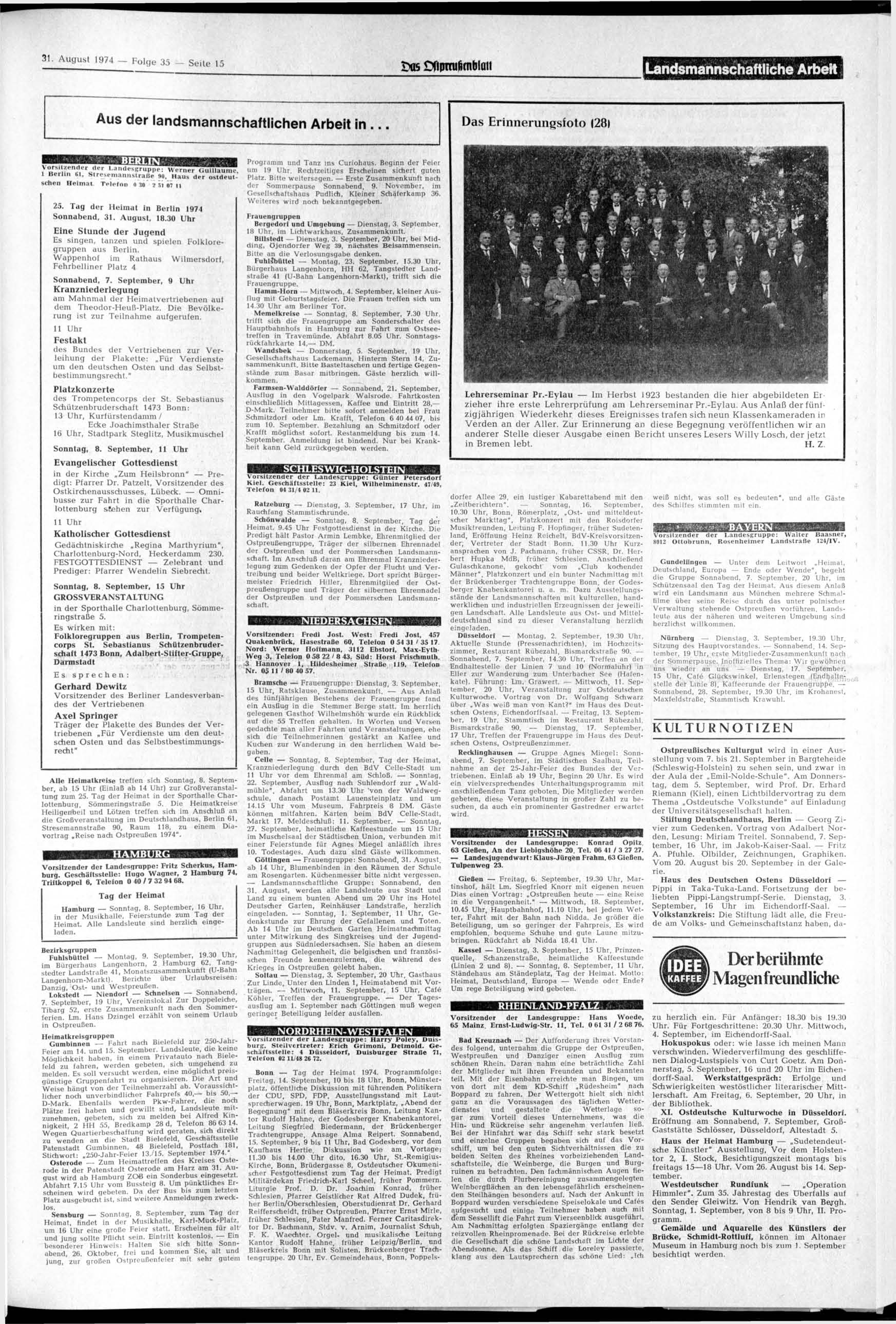 31. August 1974 - Folge 35 - Seite 15 _Ms OfiDrruhfnbiuH Landsmannschaftliche Arbeit Aus der landsmannschaftlichen Arbeit in... Das Erinnerungsfoto (28, BERLIN i _;T?» «_?