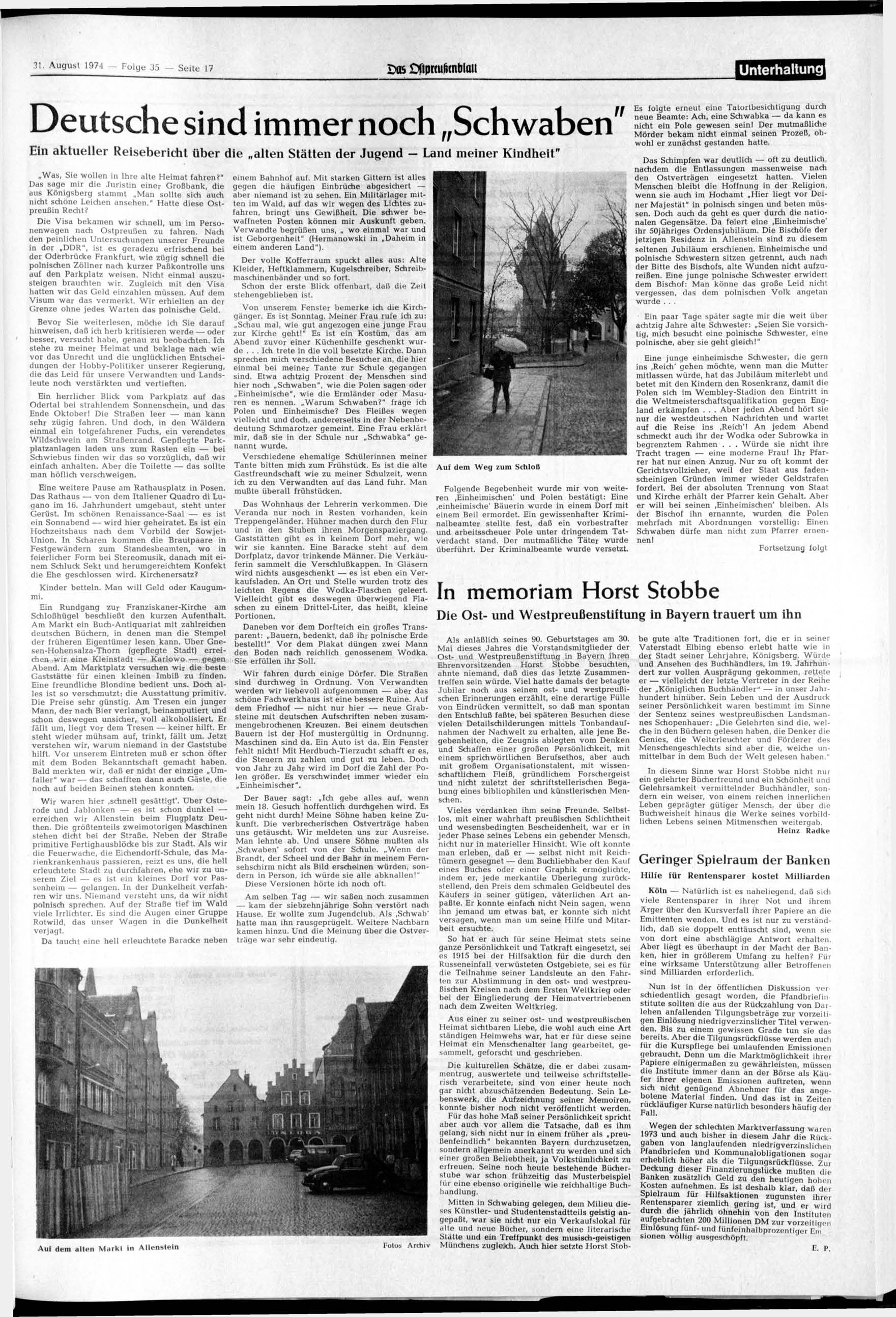 31. August 1974 - Folge 35 Seite 17 Das iipku6cnmuu Unterhaltung Deutsche sind immer noch Sch waben" Ein aktueller Reisebericht über die alten Stätten der Jugend - Land meiner Kindheit" Was, Sie
