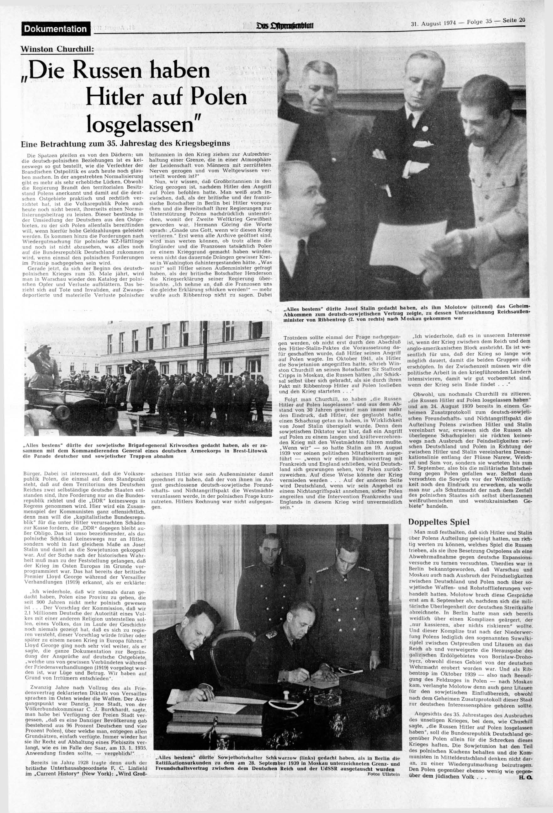 Dokumentation 1X5 rtoit 31. August 1974 Folge 35 Seite 20 Winston Churchill: Die Russen haben Hitler auf Polen losgelassen" Eine Betrachtung zum 35.