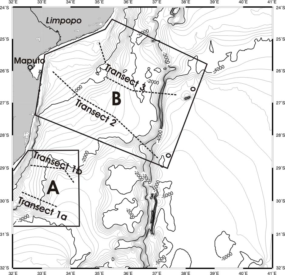 Abb. 3 Fig. 3 Detailkarte der geplanten Arbeitsgebiete A und B am südafrikanischen Kontinentalrand vor den Flüssen Tugela und Limpopo während der F/S METEOR Reise M63/1.
