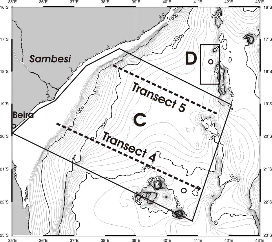 Abb. 4 Fig. 4 Detailkarte der geplanten Arbeitsgebiete C und D am südafrikanischen Kontinentalrand vor dem Sambesi und im zentralen Mosambik-Kanal während der F/S METEOR Reise M63/1.