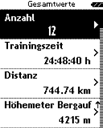 9.2 Gesamtwerte Sie finden alle Gesamtwerte für den ROX GPS 11.0: 1. Anzahl der Trainings 2. Trainingszeit 3. Distanz 4. Höhenmeter Bergauf 5. Höhenmeter Bergab 6. Kalorien 7.