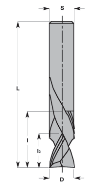 Fräser mit positiv und negativ spiralgenuteten Schneiden Solid carbide spiral bits up & down cut Eigenschaften: Premiumqualitätsstahl, positiv und negativ spiralgenutete Schneiden HW (Z2), optimales