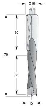Dübellochbohrer für Sacklöcher Standard Dowel drills Eigenschaften: Premiumqualitätsstahl, feinkristaline Spiralkörper (Z2) mit Zentrierspitze, negativ rundgeschliffene Vorschneider, Schaft mit