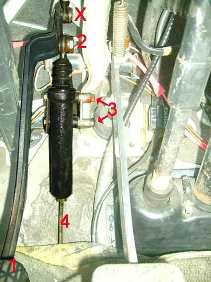 Beim Geberzylinder muss zusätzlich die Druckstange vom Pedal abgeschraubt werden und der Zulaufschlauch hinter dem Zylinder abgezogen werden.