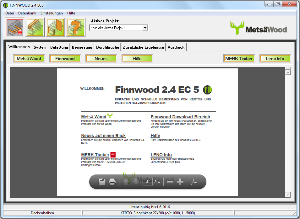 Die Benutzeroberfläche 2 3 4 5 6 Fenster der Benutzeroberfläche für Finnwood 2.4 EC 5. 2 Menüleiste zur Auswahl verschiedener Funktionen, Einstellungen etc.
