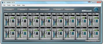 Produkt-Panel mit 16 DSR 700 Kanalzügen HiQnet ist ein Kommunikationsprotokoll oder Sprache mit welcher alle Geräte typen des gesamten Audiosignalpfades kommunizieren können.