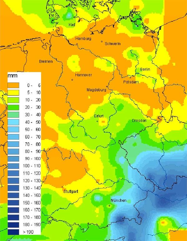 Die Niederschläge vom 06. 07.08.02 trafen besonders die Einzugsgebiete der Moldau und Mulde (siehe Abbildung 1). Hochwasserauslösend waren jedoch die erneuten Niederschläge vom 11./12.08. (siehe Abbildung 2).