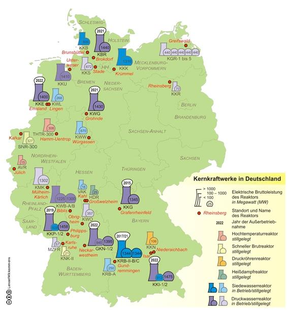 7. Atomkraftwerke in Deutschland Abb.8: Atomkraftwerke in Deutschland 75 Die vorliegende Karte zeigt die bereits stillgelegten und noch aktiven Kernkraftwerke in Deutschland.