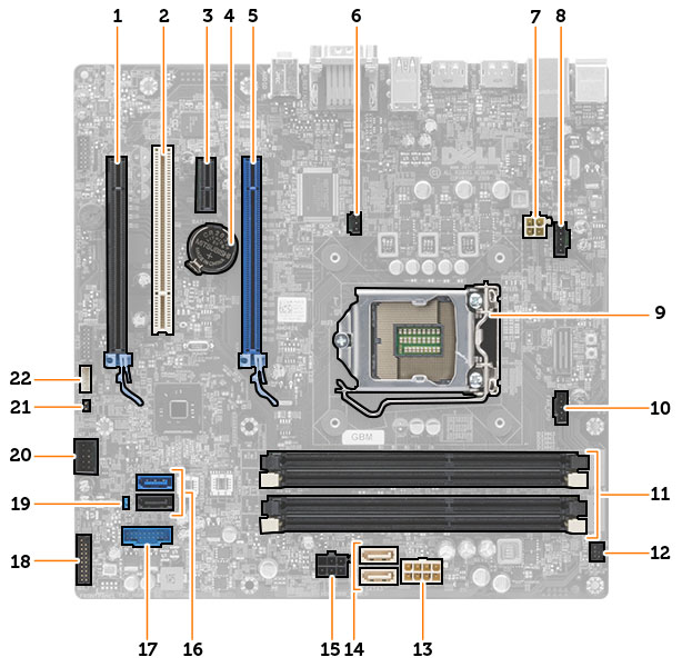 Knopfzellenakku 5. PCI Express x16-steckplatz 6. Anschluss für Gehäuseeingriffschalter 7. 4-poliger CPU-Stromversorgungsanschluss 8.