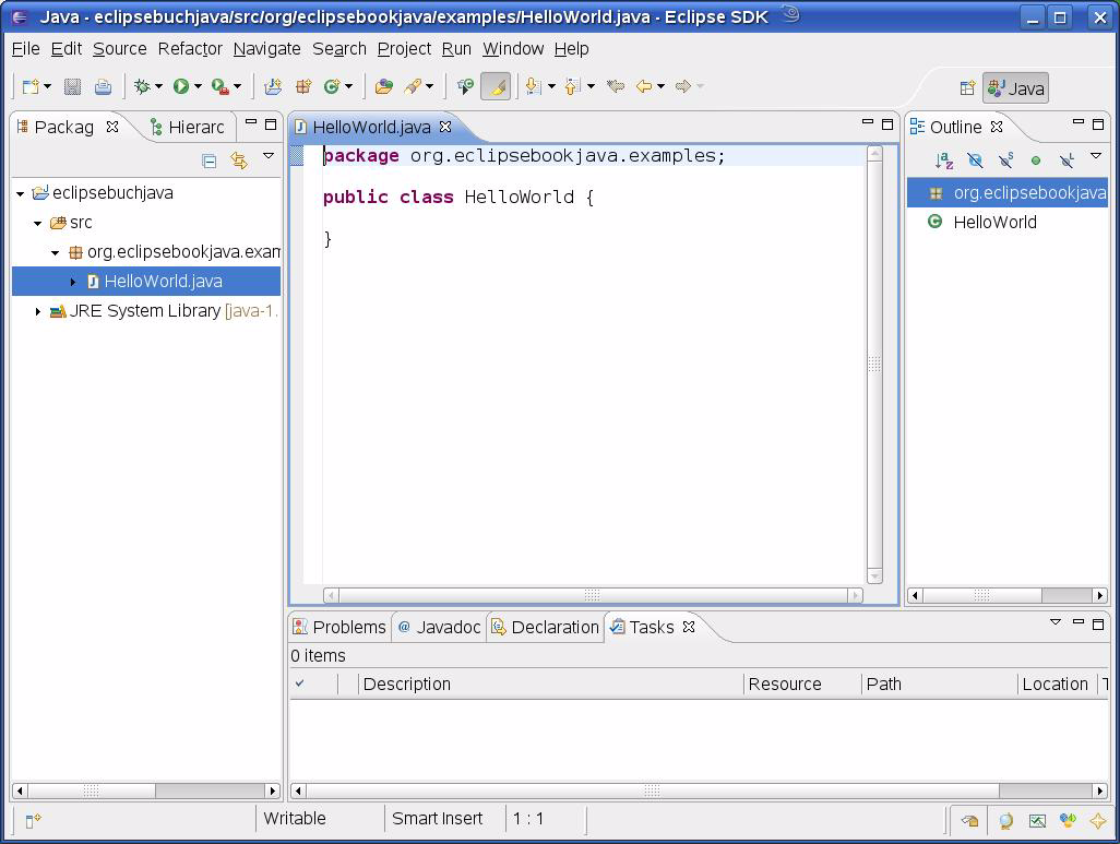 2.3 Ein erstes Java-Projekt Im Dialogfenster geben Sie das Java-Paket an, in dem sich die Klasse befinden soll. Hier sollte der Paketname org.eclipsebookjava.examples schon eingetragen sein.