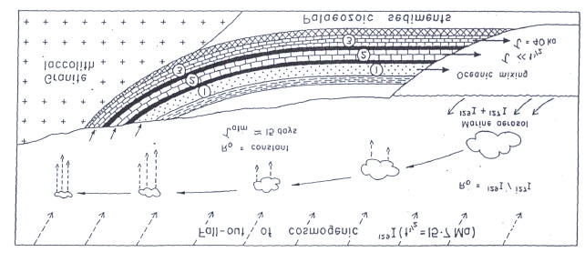 Abb. 5-5: Wege der Iod-Isotope vom Meer durch die Atmosphäre zum Land. Aus: Fontes und Andrews (1994).