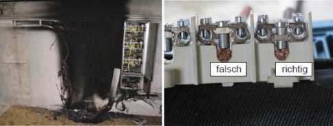 FEHLER UND MÄNGEL IN PV-ANLAGEN ERKENNEN / Fehler in der Elektroinstallation / Brandschaden in einem Elektroverteiler /