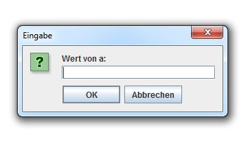 Grafische Benutzereingabe mit JOptionPane import javax.swing.joptionpane; public static void main(string[] args) { Wir brauchen für die Berechnung eines Produkts Integerwerte String a = JOptionPane.