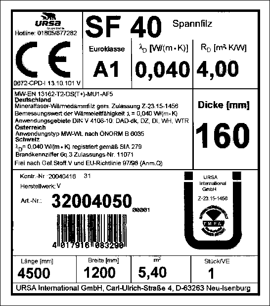 Dämmstoffe nach europäischer Norm 05 CE Bezeichnungsschlüssel nach DIN EN 13162, Tabelle 3 MW - EN-13162 - T2 - DS(T+)-MU1-AF5 Strömungswiderstand 5kPa s/m 2 Wasserdampfdiffusionsoffen µ = 1