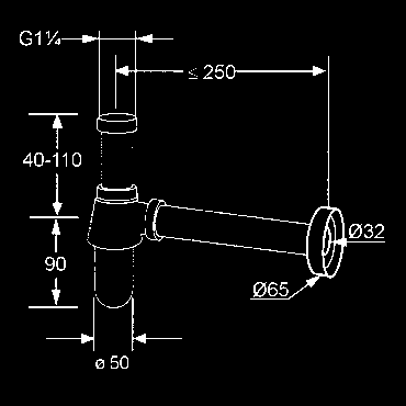 1 1/4 x 32 mm mit Abgangsrohr 330 mm mit Rosette verstellbares Tauchrohr bis 120 mm mit Reinigungsöffnung nach DIN EN 274 1002005-00 77,50 Flaschen-Geruchverschluss G 1 1/4 G