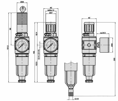 Filter-Regler Modell FRK FRK-14-10-5-1221 Varianten Ziffern 1 und 2 12* = Polycarbonatbehälter, halbautomatischer 13 = Polycarbonatbehälter, vollautomatischer 22 = Metallbehälter, halbautomatischer
