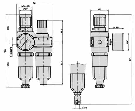 Filter-Regler und Öler, Modell FROK FROK-14-10-5-1221 Varianten Ziffern 1 und 2 12* = Polycarbonatbehälter, halbautomatischer 13 = Polycarbonatbehälter, vollautomatischer 22 = Metallbehälter,