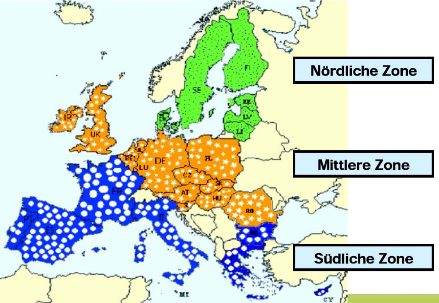 Aufteilung der Mitgliedsstaaten in 3 Zonen Österreich zusammen mit Irland, GB, D, BeNeLux-Länder und Ost-Länder