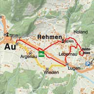 Dies ist eine leichte Wanderung auf durchgehend breiten Wegen entlang der Bregenzerach und durch das Siedlungsgebiet von Au.