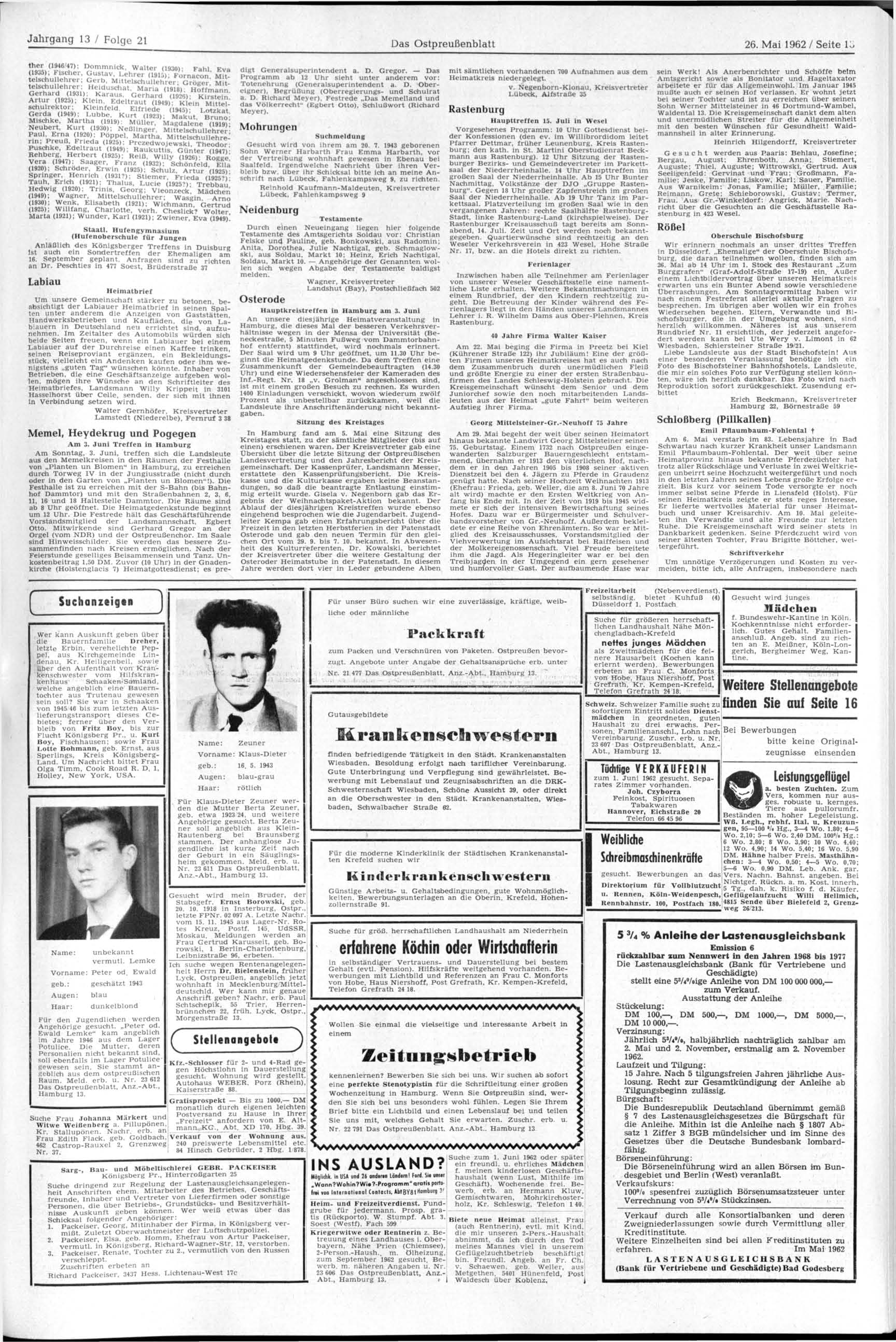 Jahrgang 13 / Folge 21 Das blatt 26. Mai 1962/ Seite lo ther (1946 47); Dommnick, Walter (19301 Fahl P». (1935) Fischer. Gustav. Lehrer,1915 f Fornacon Mitte schuchrer; Gerb.
