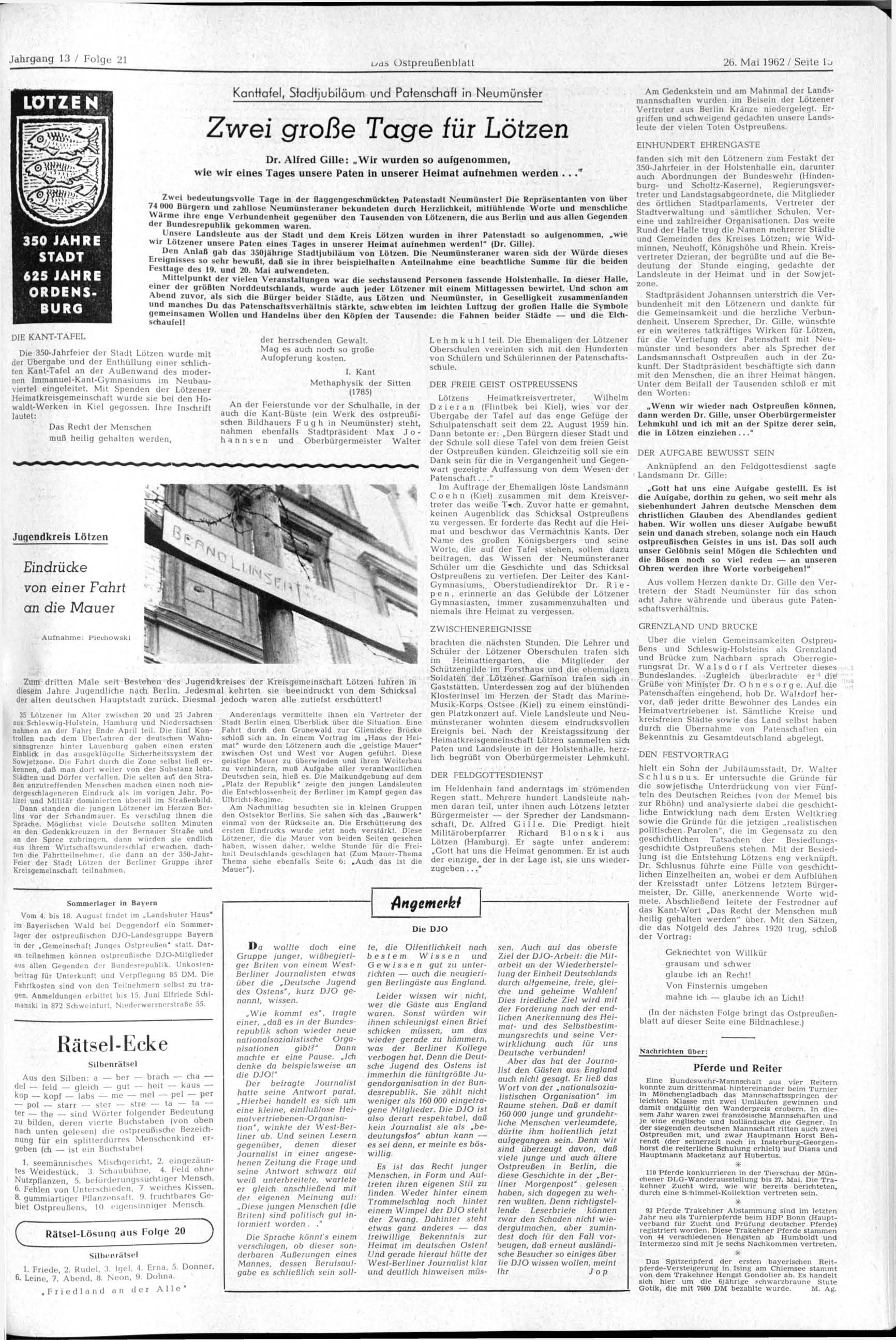 Jahrgang 13 / Folge 21 uds Ustpreußenuldtt 26. Mai 1962/ Seite 1.